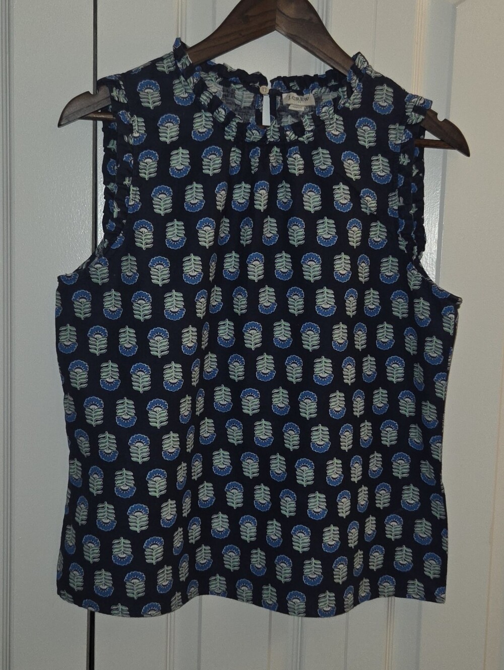 J Crew Factory Printed linen-blend ruffleneck top Womens Size M